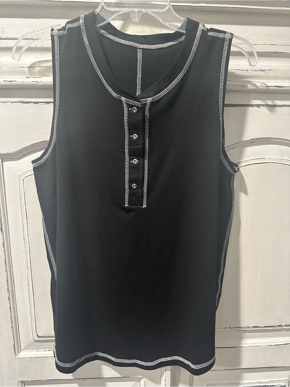 Black Sleeveless Henley Tank with White Contrast Stitching